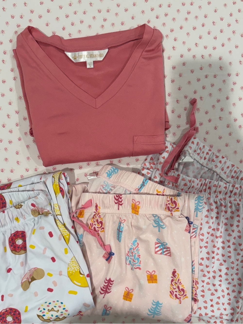 Royal Standard Pink V-Neck Top and 3 Assorted Printed Pajama Bottoms